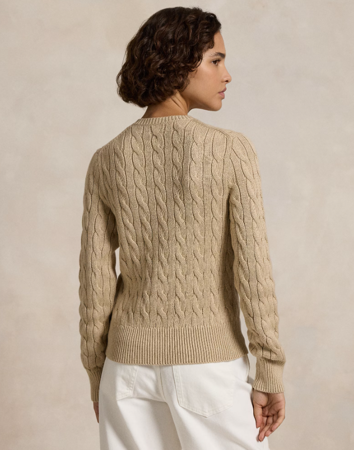 CABLE-KNIT COTTON CREWNECK CARDIGAN-LIGHT SADDIE HEATHER