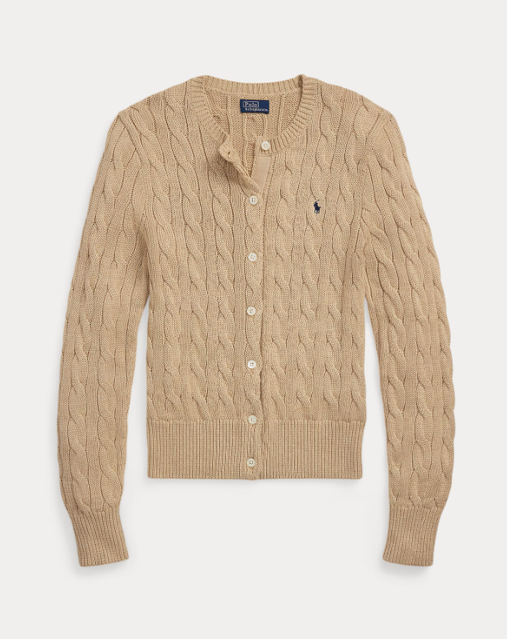 CABLE-KNIT COTTON CREWNECK CARDIGAN-LIGHT SADDIE HEATHER