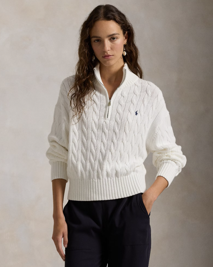 CABLE KNIT COTTON QUARTER ZIP JUMPER