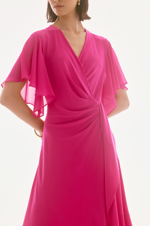 Silky Knit and Chiffon Flowy Wrap Dress - Pink