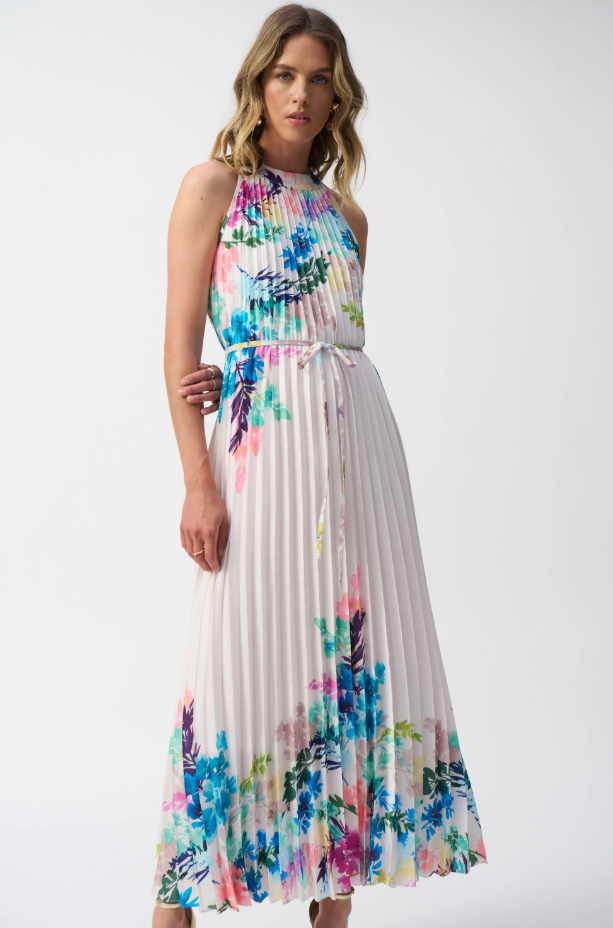 Pleated Satin Floral Print Maxi Dress