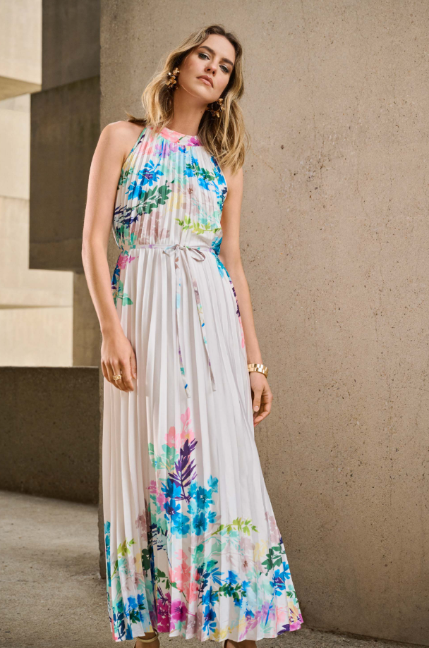 Pleated Satin Floral Print Maxi Dress