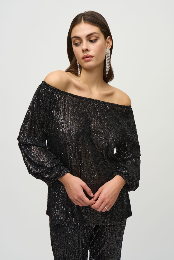 Sequin Off-Shoulder Puff Sleeve Top