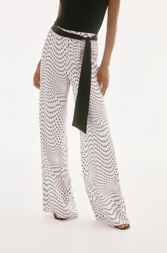 Satin Dot Print Belted Wide leg Pants