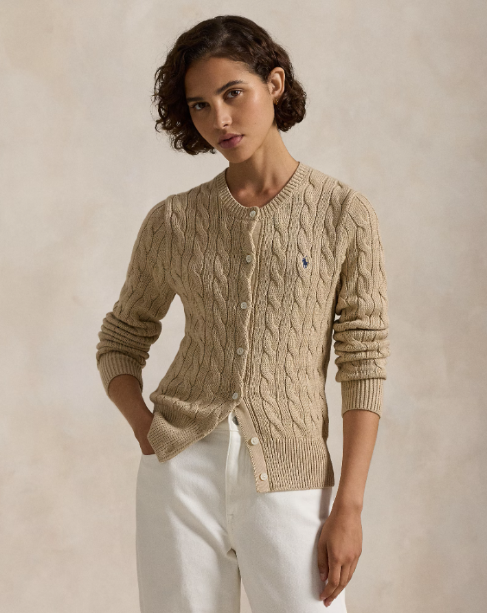 CABLE-KNIT COTTON CREWNECK CARDIGAN-LIGHT SADDIE HEATHER