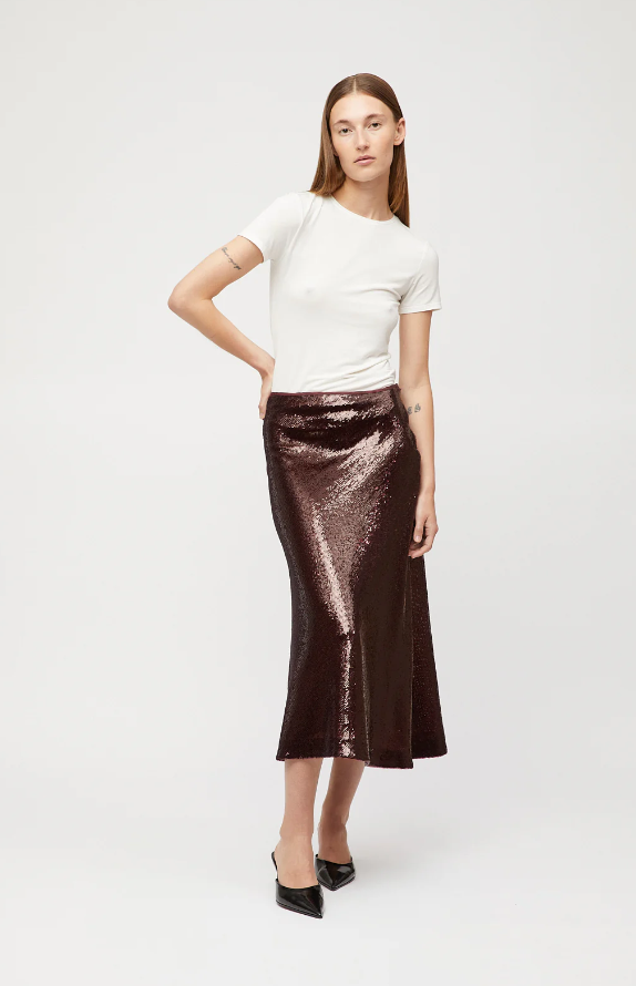 BIAS CUT SEQUIN SKIRT BURGUNDY