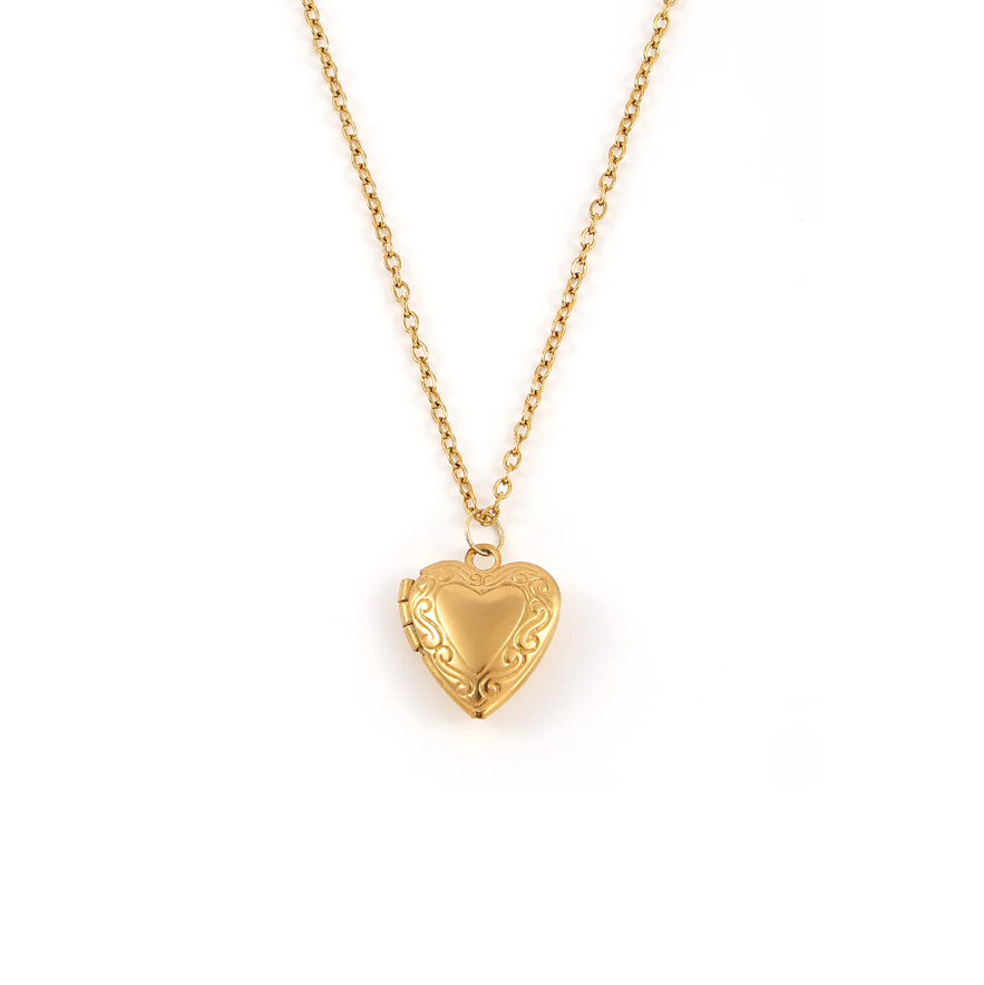 VERA-HEART LOCKET NECKLACE STAINLESS STEEL-GOLD