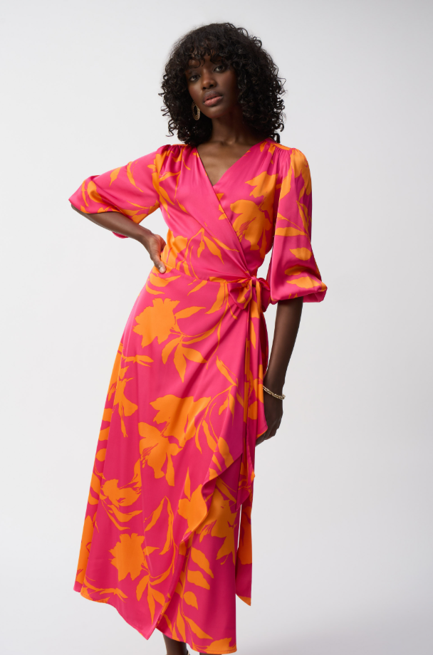 Satin Floral Print Wrap Dress