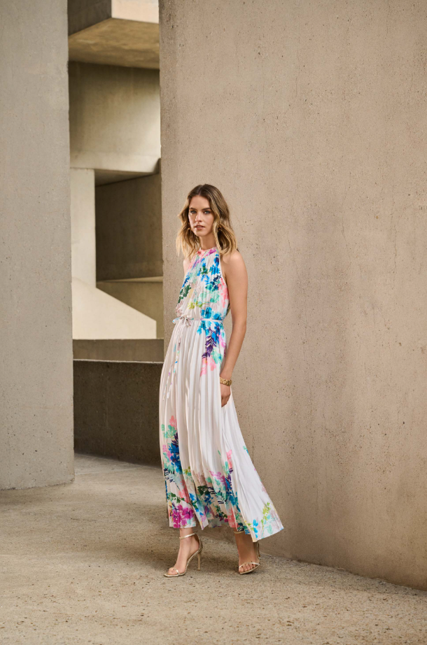 Pleated Satin Floral Print Maxi Dress