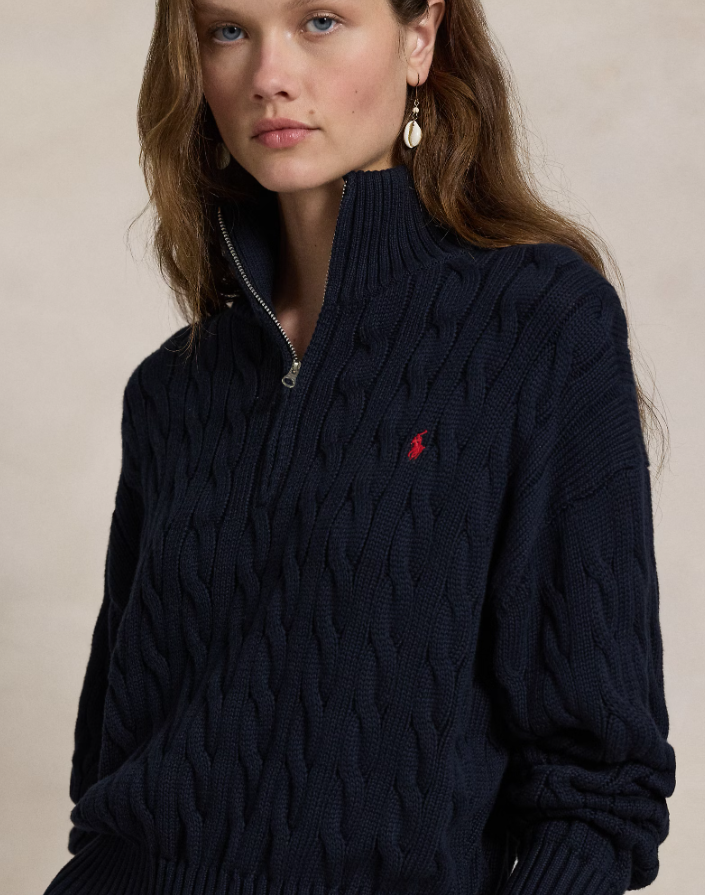 CABLE KNIT COTTON QUARTER ZIP JUMPER