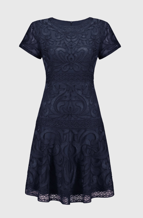 Embroidered Mesh Fit and Flare Dress - Marine