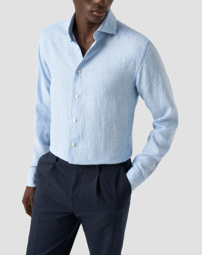 LIGHT BLUE SOLID TWILL LINEN CONTEMPORARY SHIRT