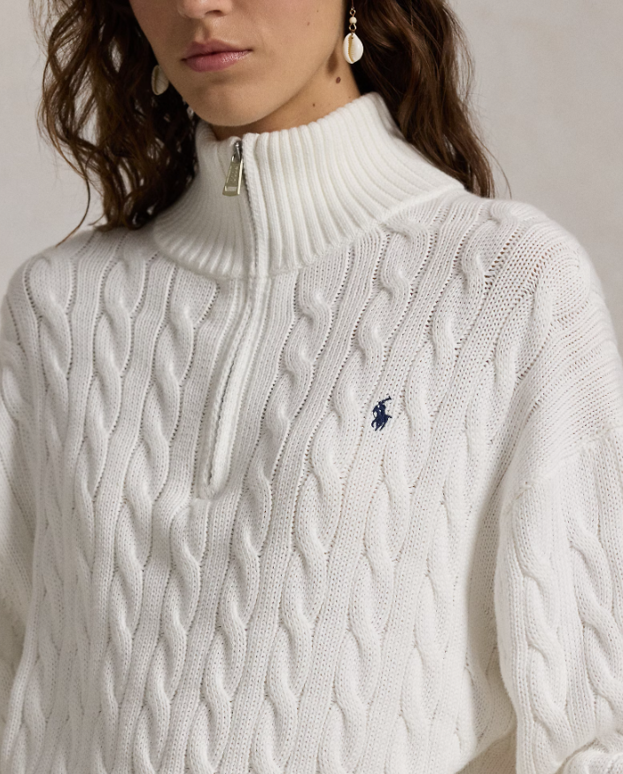 CABLE KNIT COTTON QUARTER ZIP JUMPER