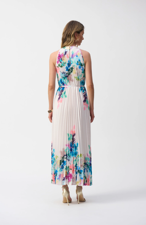 Pleated Satin Floral Print Maxi Dress