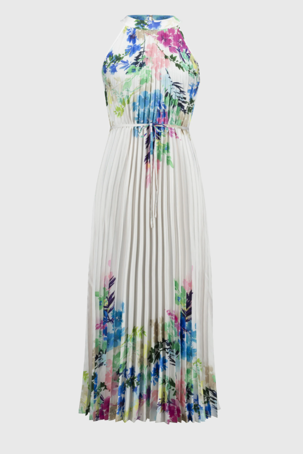 Pleated Satin Floral Print Maxi Dress