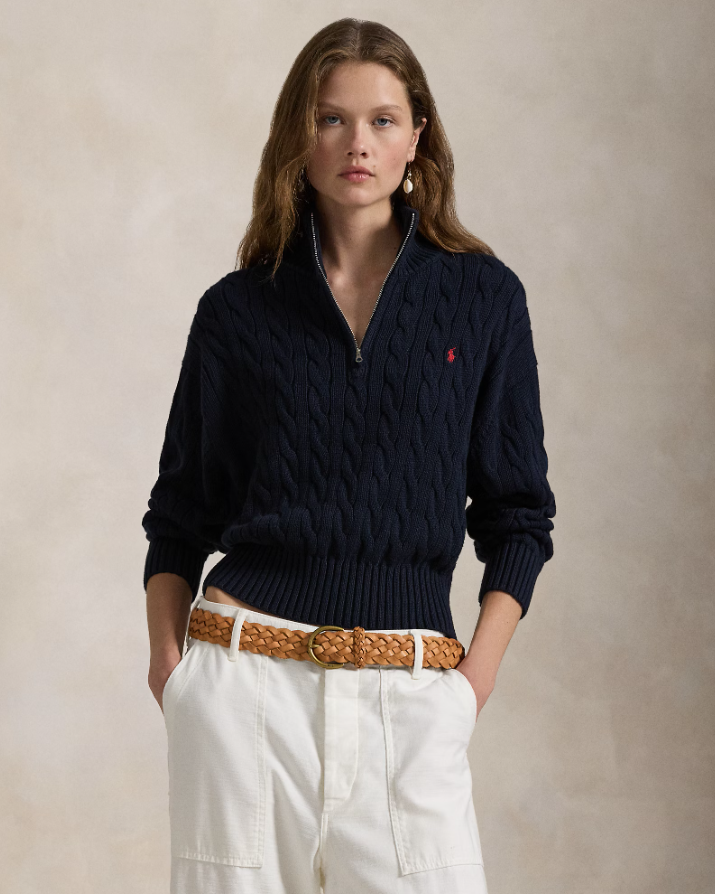 CABLE KNIT COTTON QUARTER ZIP JUMPER