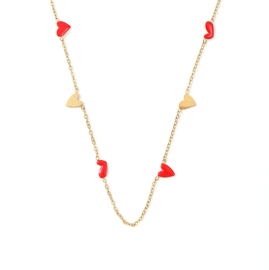 LINNEA HEART CHAIN NECKLACE RED & GOLD STAINLESS STEEL