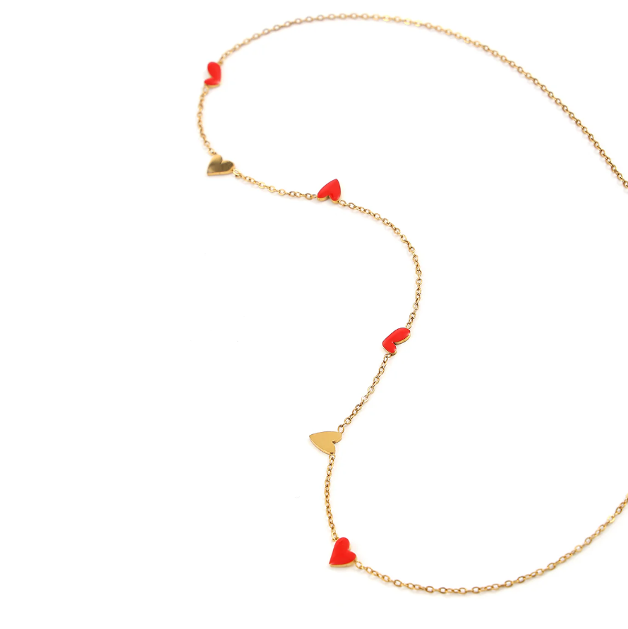 LINNEA HEART CHAIN NECKLACE RED & GOLD STAINLESS STEEL