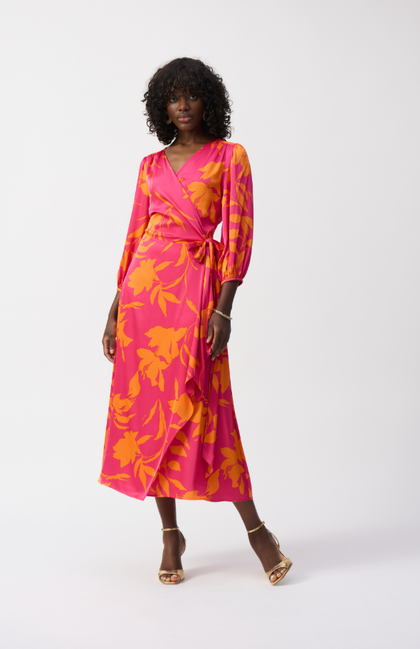 Satin Floral Print Wrap Dress