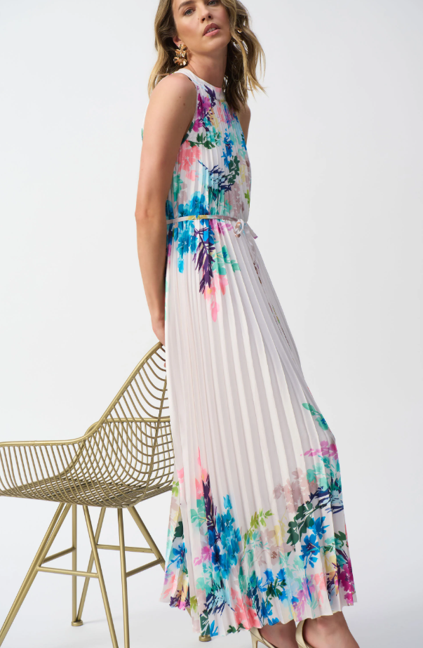 Pleated Satin Floral Print Maxi Dress