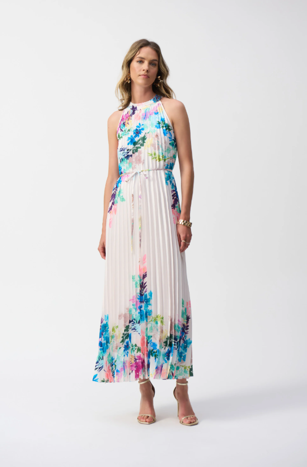 Pleated Satin Floral Print Maxi Dress