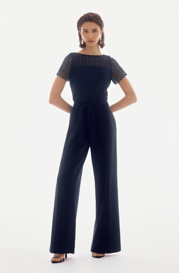 Silky Knit and Guipure Wide Leg Jumpsuit