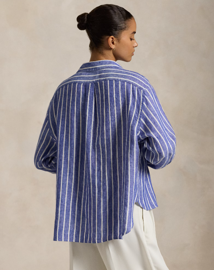 WIDE CROPPED GINHAM LINEN SHIRT-BLUE/WHITE