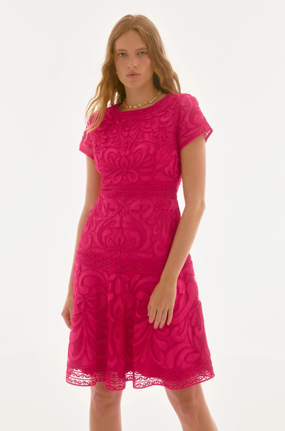 Embroidered Mesh Fit and Flare Dress - Marine