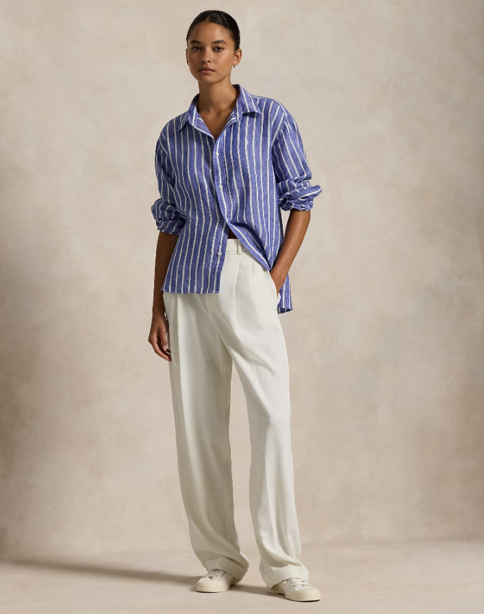 WIDE CROPPED GINHAM LINEN SHIRT-BLUE/WHITE