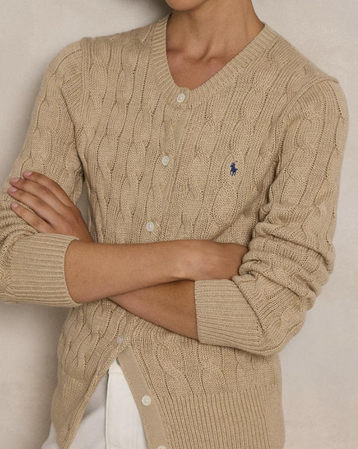 CABLE-KNIT COTTON CREWNECK CARDIGAN-LIGHT SADDIE HEATHER