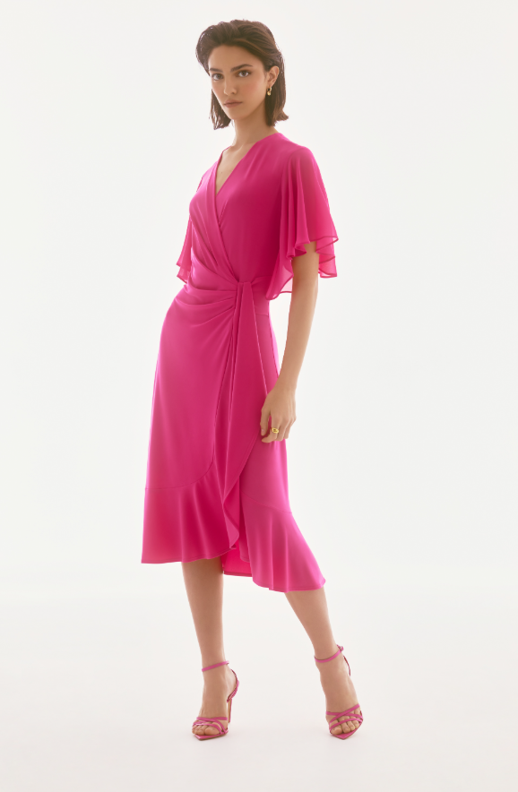 Silky Knit and Chiffon Flowy Wrap Dress - Pink