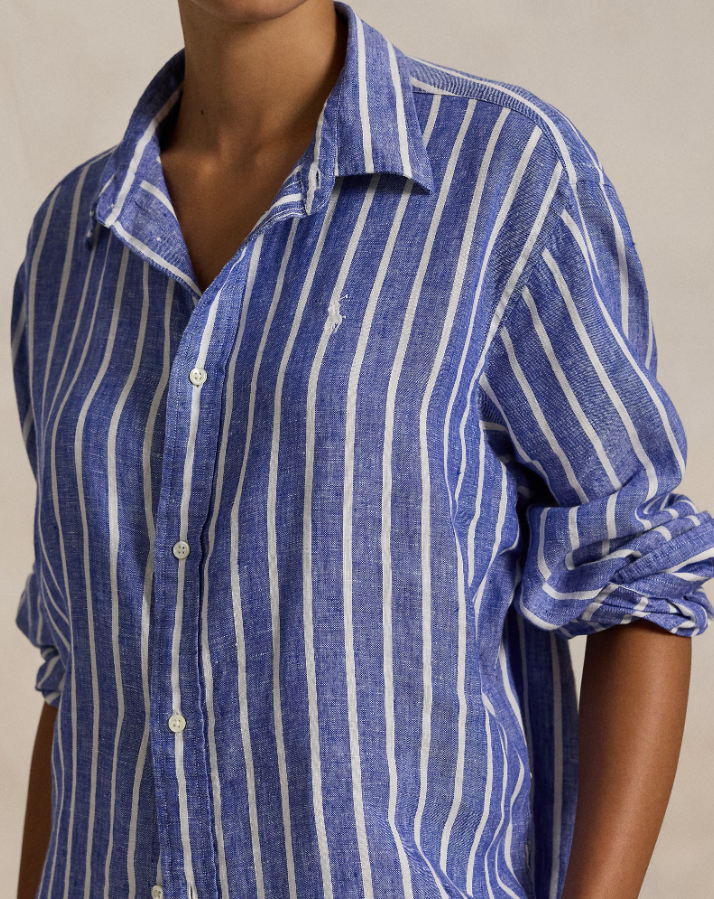 WIDE CROPPED GINHAM LINEN SHIRT-BLUE/WHITE